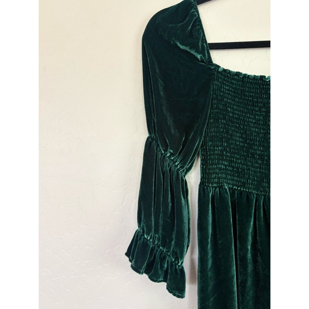 Reformation Albi Velvet Mini Dress Emerald Green Smocked Puff Sleeve Small - Picture 5 of 8